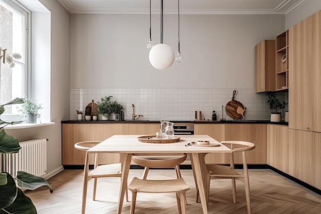 Scandinavische keuken met houten en witte details Minimalistisch interieur Generative AI