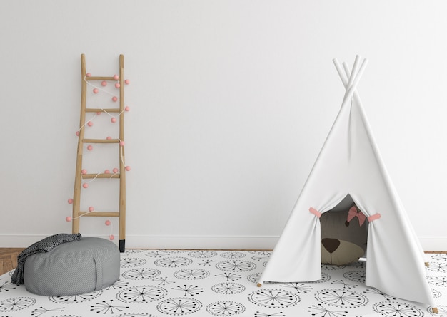 Scandinavische kinderkamer met lege muur