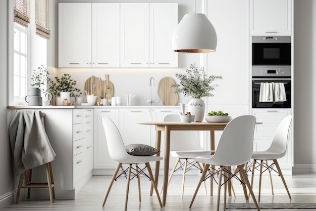 Scandinavische klassieke witte keuken met houten details Illustratie AI Generatief