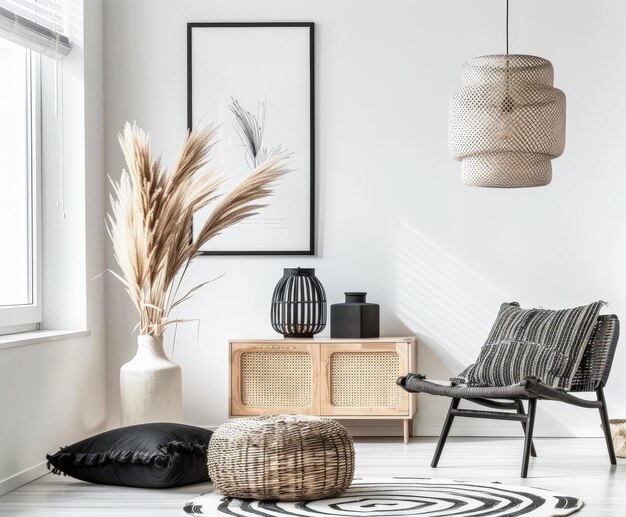 Foto scandinavische minimalistische interieurcompositie met minimale meubels en neutrale tonen