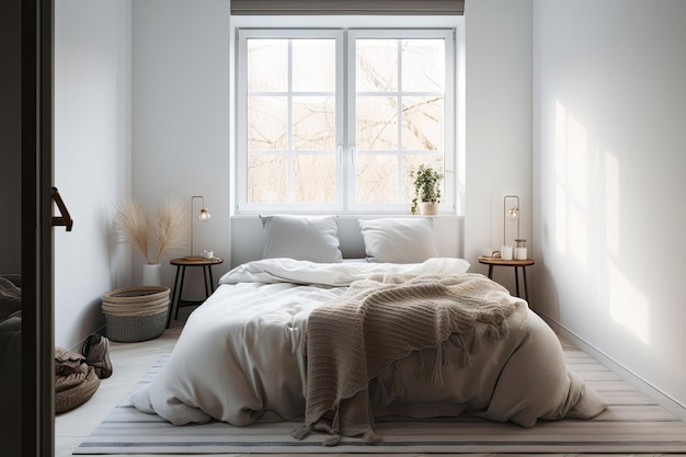 Scandinavische slaapkamer met minimalistisch en strak design comfortabel matras en knusse dekens