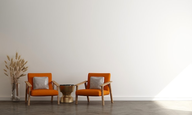 Scandinavische stijl en minimalistische woonkamer met bank en theetafel. minimalistisch woonkamerontwerp en lege witte muurachtergrond, 3d illustratie