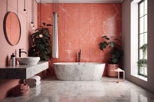 Scandinavische stijl toilet Pantone tint voor levend koraal Interieur van een bad wit en zwart marmer