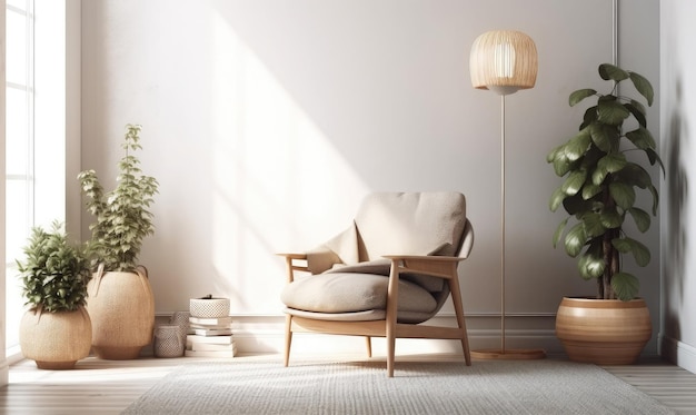 Scandinavische stijl woonkamer met grijze stof fauteuil gouden lamp en planten tegen een lege witte muur 3d rendering generatieve AI