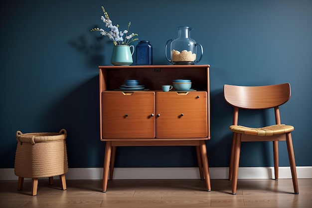 Scandinavische vintage houten kast met stoel bij een donkerblauwe muur