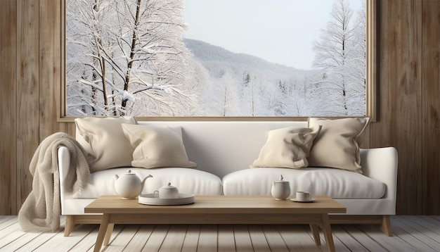 Scandinavische woonkamer illustratie warmte in comfortabel huis Winter buiten in ramen Nordic