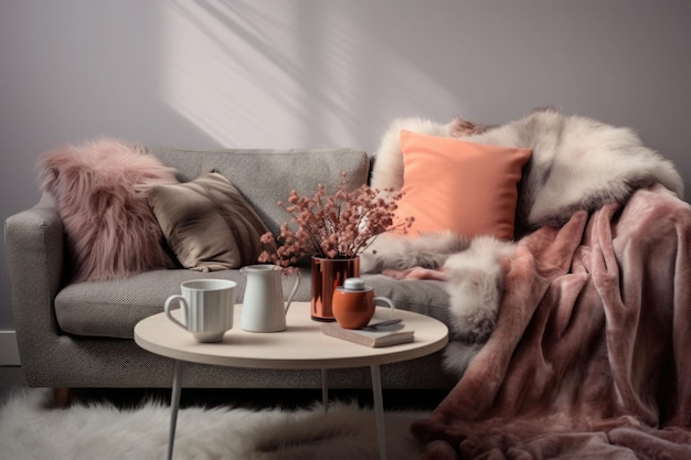 Scandinavische woonkamer Koffie en deken op de bank met bontkussens Generatieve AI-illustratie