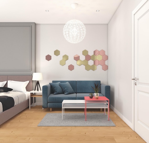 Scandinavische woonkamer met bank en salontafel witte muur en houten vloer 3D-rendering