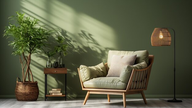 Scandinavische woonkamer met groene fauteuil op een lege witte muur achtergrond Generatieve AI