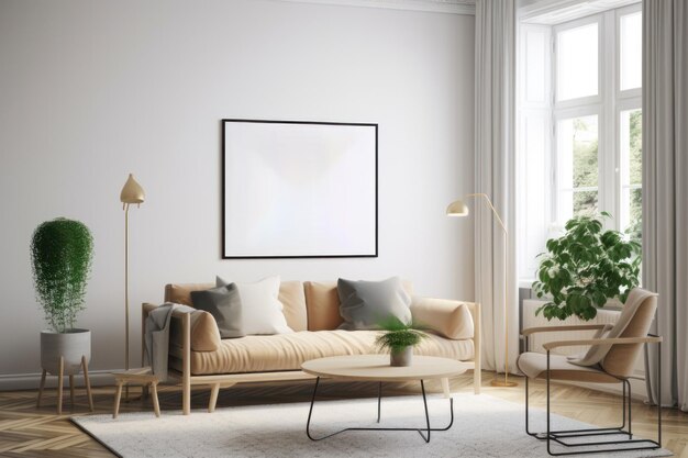 Scandinavische woonkamer met leeg horizontaal posterframe en aardse tonen