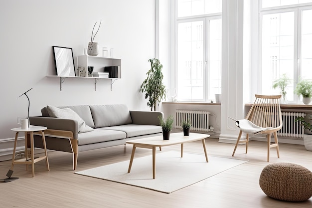 Scandinavische woonkamer met minimalistische en strakke ontwerpen in meubels en decor