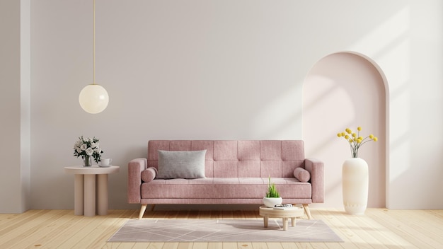 Scandinavische woonkamer met roze bank op lege witte muurachtergrond