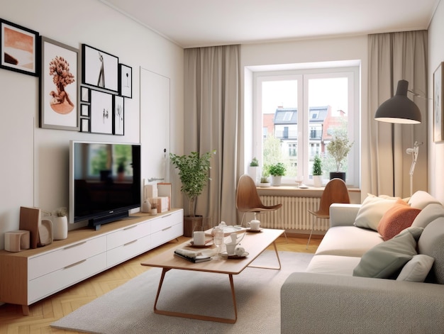Scandinavische woonkamerontwerp met een moderne televisie kast en wanddecoraties van beeldramen Generatieve AI