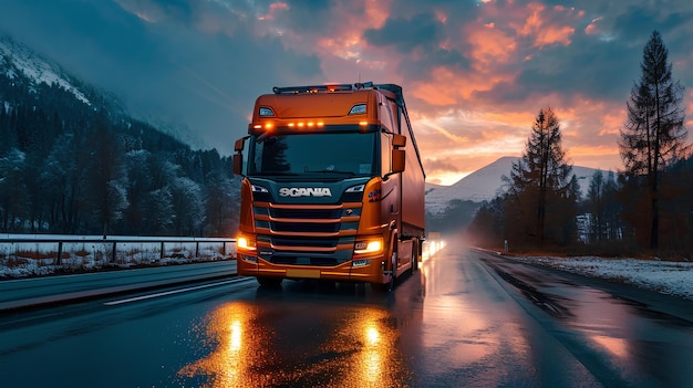 A scania semi is driving down the road at sunset