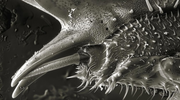 Photo a scanning electron microscope image of a beetles mouthparts highlighting the sharp serrated