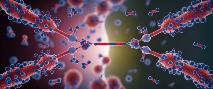 Photo scanning electron microscope image showcasing antibodies and complex molecular structures