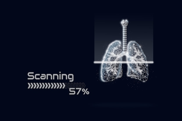 Scanning of the low poly lung hologram on dark blue background. Covid-19. Human lungs scanning.