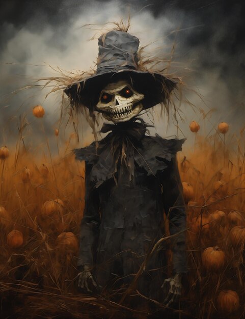 Scare hat black coat standing field pumpkins humanoid crooked teeth dandelion elaborately costumed