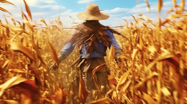 A scarecrow in a cornfield clothes