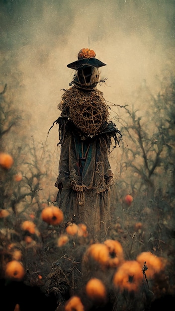 A scarecrow in a field of pumpkins