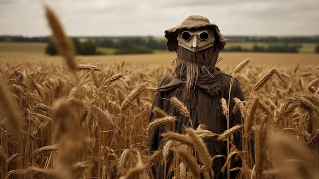 A scarecrow in a field of wheat