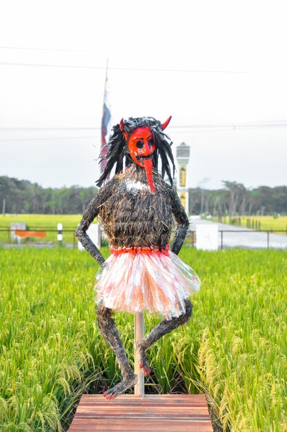 A scarecrow in a field with a woman wearing a red mask