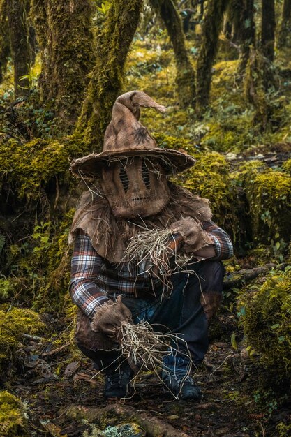 A scarecrow in a forest with a hat that says quot scarecrow quot