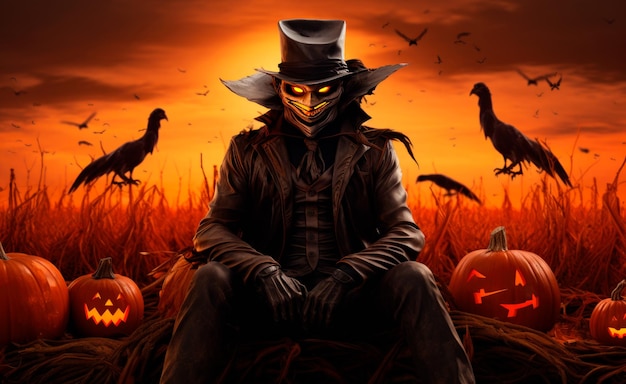 scarecrow in front of the sunset in the style of photorealistic hyperbole halloween spectacular