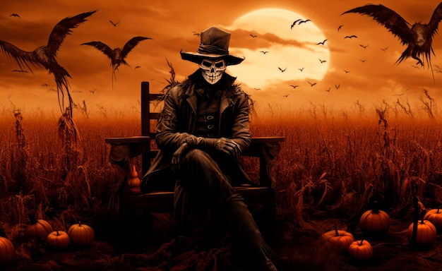 scarecrow in front of the sunset in the style of photorealistic hyperbole halloween spectacular