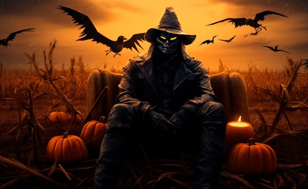 scarecrow in front of the sunset in the style of photorealistic hyperbole halloween spectacular