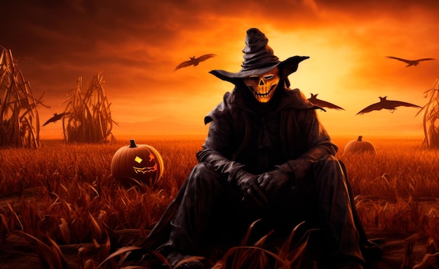 scarecrow in front of the sunset in the style of photorealistic hyperbole halloween spectacular