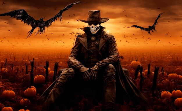 Scarecrow in front of the sunset in the style of photorealistic hyperbole halloween spectacular