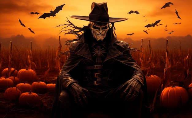 scarecrow in front of the sunset in the style of photorealistic hyperbole halloween spectacular