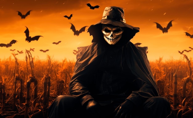 scarecrow in front of the sunset in the style of photorealistic hyperbole halloween spectacular