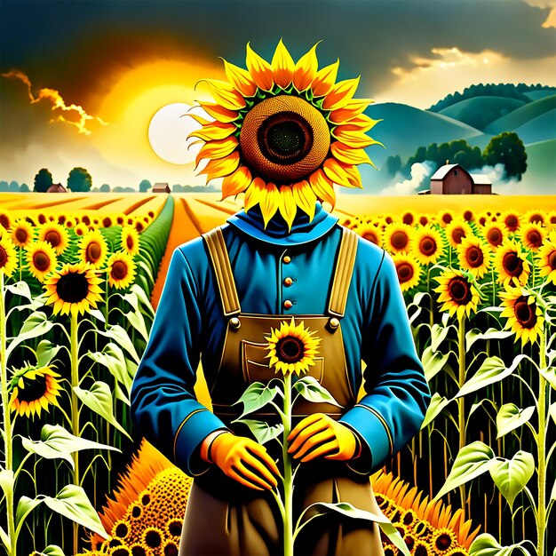 A scarecrow holding a sunflower standing in a field of wheat in the style of grant wood sharp focus