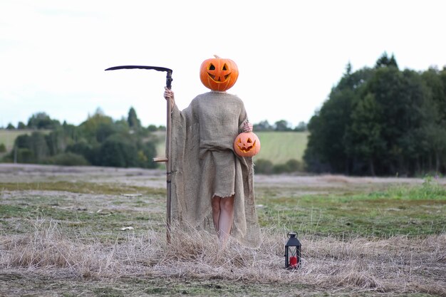 Scarecrow pumpkin head in a field