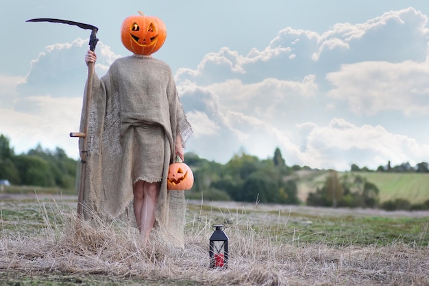 Scarecrow pumpkin head in a field