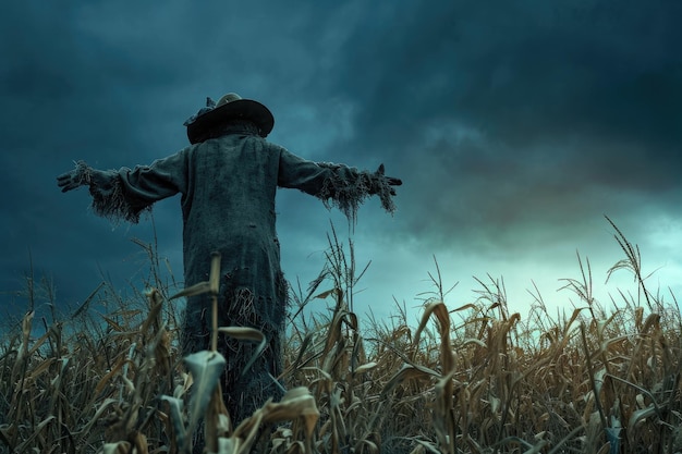 Photo a scarecrow stands amidst a field of corn as dark storm clouds loom overhead a creepy scarecrow standing in a barren cornfield on halloween night ai generated