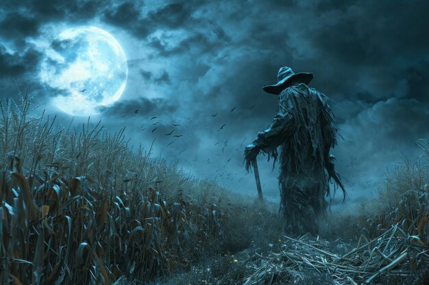 A scarecrow stands in a cornfield under the glow of a full moon Grim looming scarecrow keeping watch over a moonlit cornfield AI Generated