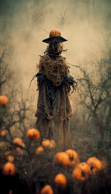 A scarecrow stands in a field of pumpkins.