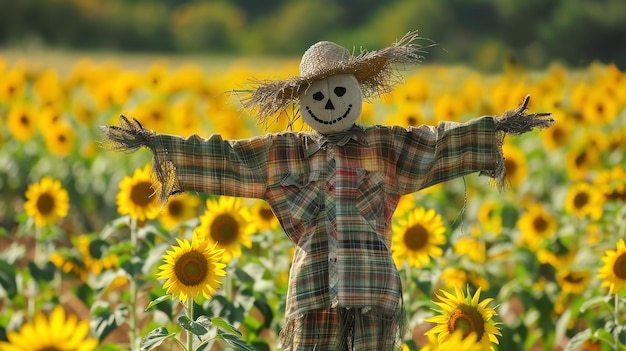 Photo a scarecrow stands in a field of sunflowers its arms outstretched to protect the crop from birds