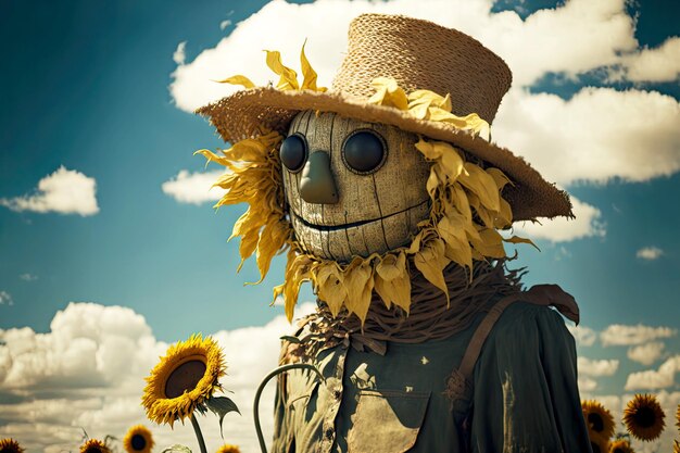 Scarecrow stands on a sunflower field on a sunny day against the sky with clouds