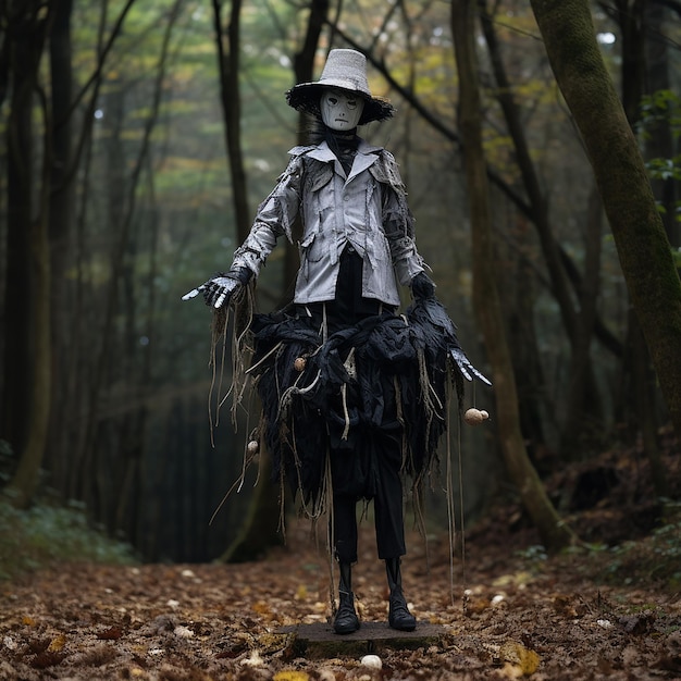 Photo a scarecrow statue in the middle of the forest