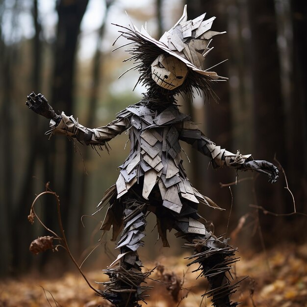 a scarecrow statue in the middle of the forest