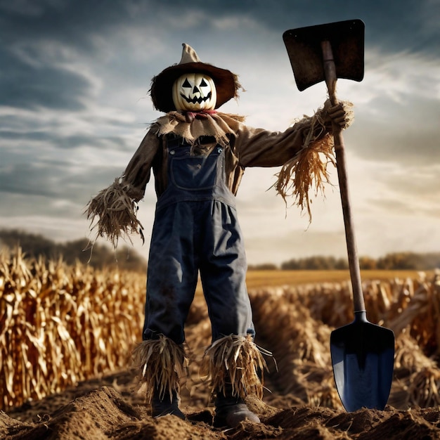 Photo a scarecrow stuffed with straw with dried corn in the middle