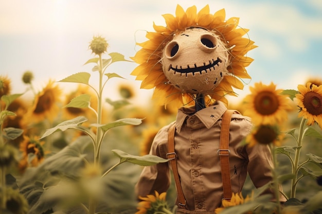 Photo scarecrow in the sunflower field