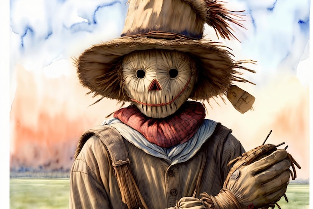 A Scarecrow Wearing A Straw Hat And Holding A Stick