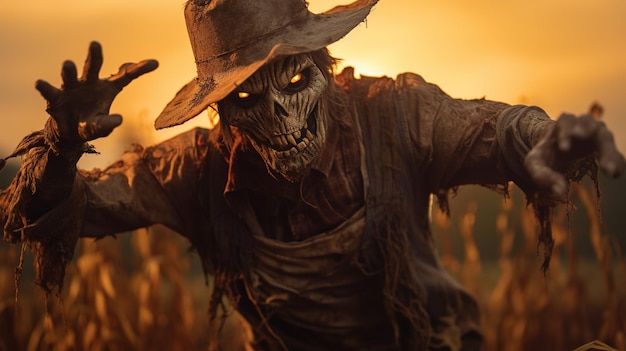 A scarecrow on wheat fields