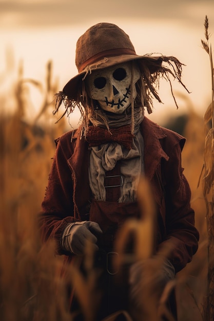 A scarecrow on wheat fields