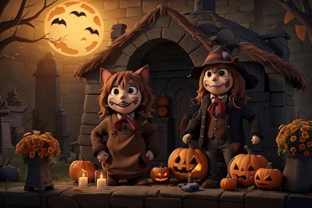scarecrow with the cat and tomb in scane halloween